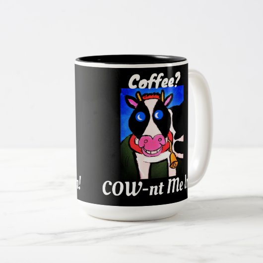 Lächelnder Cartoon Kaffeeliebende Kuh Zweifarbige Tasse (VorderseiteRechts)