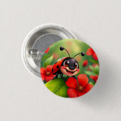 Lächelnder Cartoon Ladybug sitzend auf Blume Button (Vorne & Hinten)
