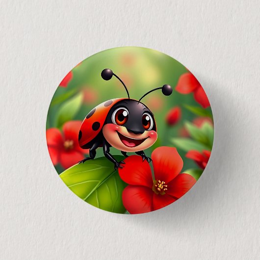 Lächelnder Cartoon Ladybug sitzend auf Blume Button (Vorderseite)