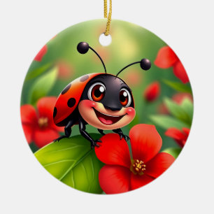 Lächelnder Cartoon Ladybug sitzend auf Blume Keramik Ornament