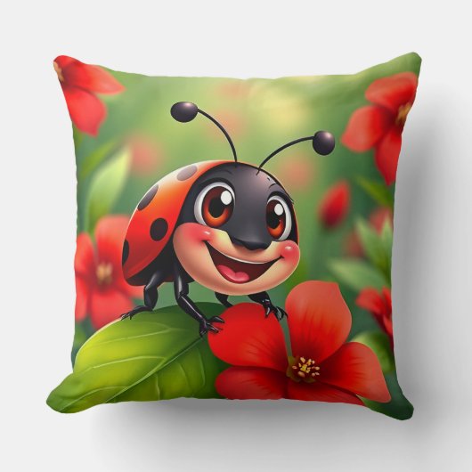 Lächelnder Cartoon Ladybug sitzend auf Blume Kissen (Vorderseite)