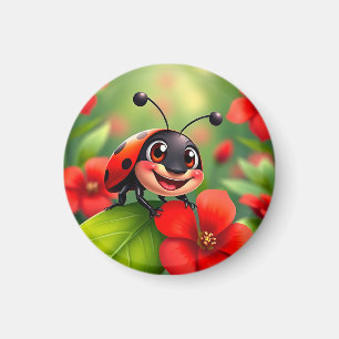 Lächelnder Cartoon Ladybug sitzend auf Blume Magnet