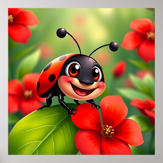 Lächelnder Cartoon Ladybug sitzend auf Blume Poster (Vorne)