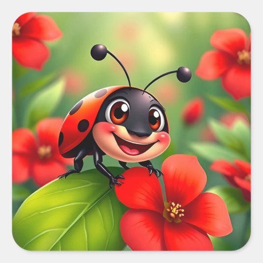 Lächelnder Cartoon Ladybug sitzend auf Blume Quadratischer Aufkleber (Vorderseite)