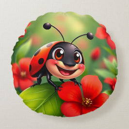 Lächelnder Cartoon Ladybug sitzend auf Blume Rundes Kissen