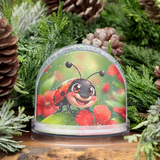 Lächelnder Cartoon Ladybug sitzend auf Blume Schneekugeln (Winter)