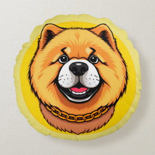 Lächelnder Chow-Chow-Hund-Gesicht und goldene Kett Rundes Kissen