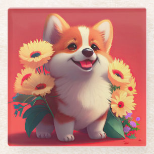 Lächelnder Corgi Hund mit Blume Glasuntersetzer