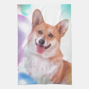 Lächelnder Corgi mit Ballonen Geschirrtuch