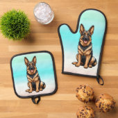 Lächelnder deutscher Schäferhund Ofenhandschuh & Topflappen-Set (Oben Unten)