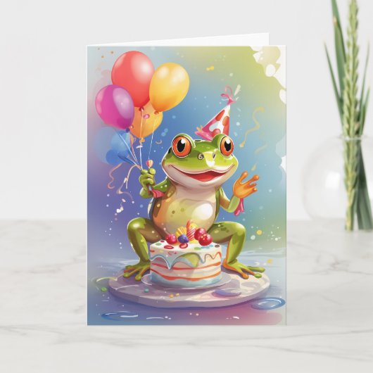 Lächelnder Frosch feiert mit Kuchen Karte (Vorderseite)