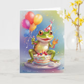 Lächelnder Frosch feiert mit Kuchen Karte (Gelbe Blume)