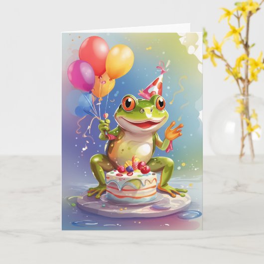 Lächelnder Frosch feiert mit Kuchen Karte (Gelbe Blume)