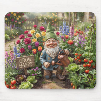 Lächelnder Gartenzwerg bewässert Blumen im Garten Mousepad