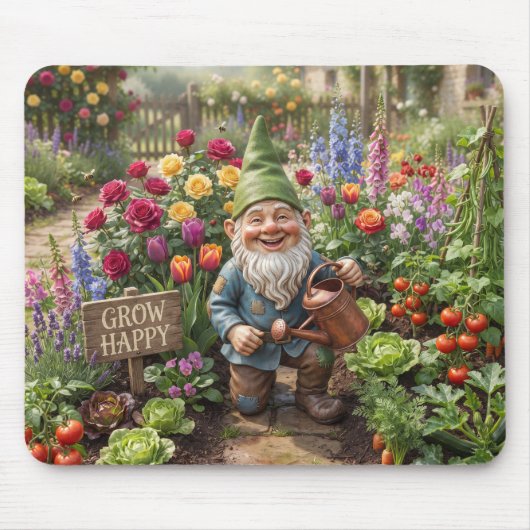 Lächelnder Gartenzwerg bewässert Blumen im Garten Mousepad (Vorne)