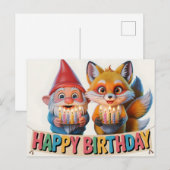 Lächelnder Gartenzwerg und Fuchswelpen-Geburtstag Postkarte (Vorne/Hinten)