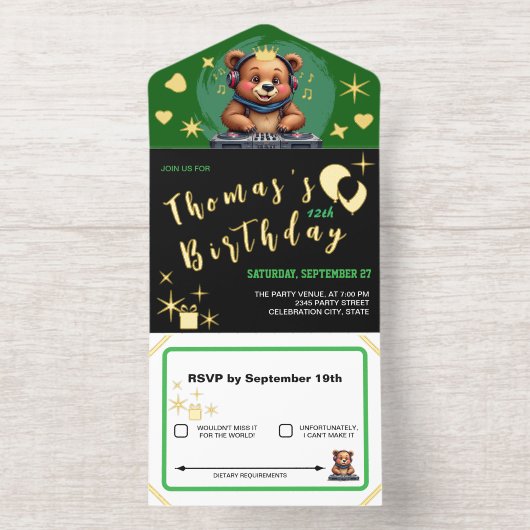 Lächelnder Grizzly Bear DJ, Music Jungle / Geburts All-in-One-Einladung (Innenseite)