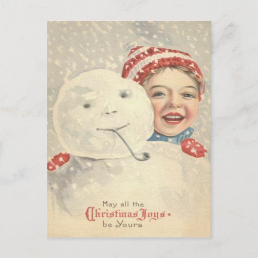 Lächelnder Junge Snowman Schneepfeife Strick Hut Postkarte (Vorderseite)