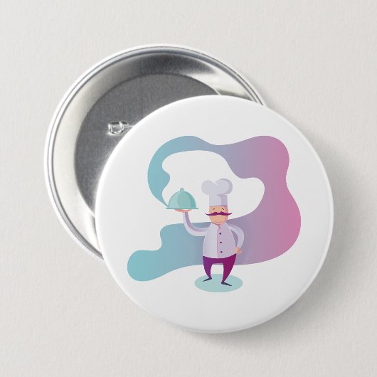 Lächelnder Koch mit Mustache und Serviertablett Button (Vorne & Hinten)
