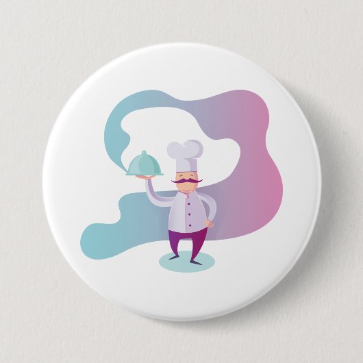 Lächelnder Koch mit Mustache und Serviertablett Button (Vorderseite)