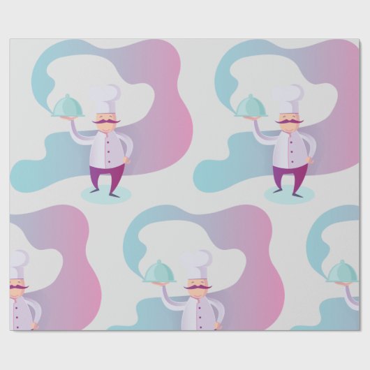 Lächelnder Koch mit Mustache und Serviertablett Geschenkpapier (Flach)