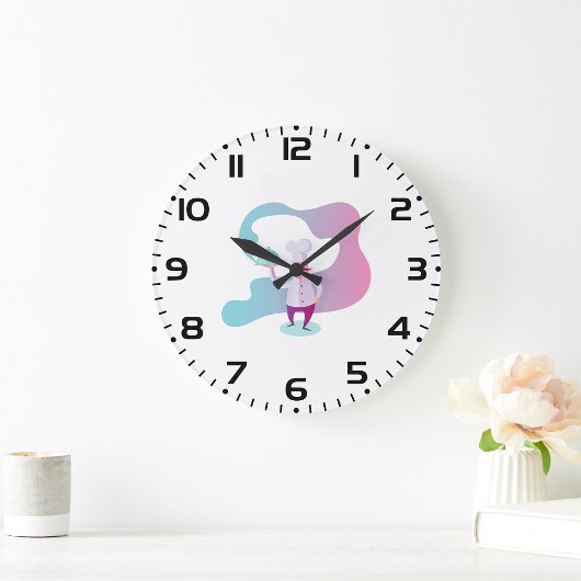 Lächelnder Koch mit Mustache und Serviertablett Große Wanduhr