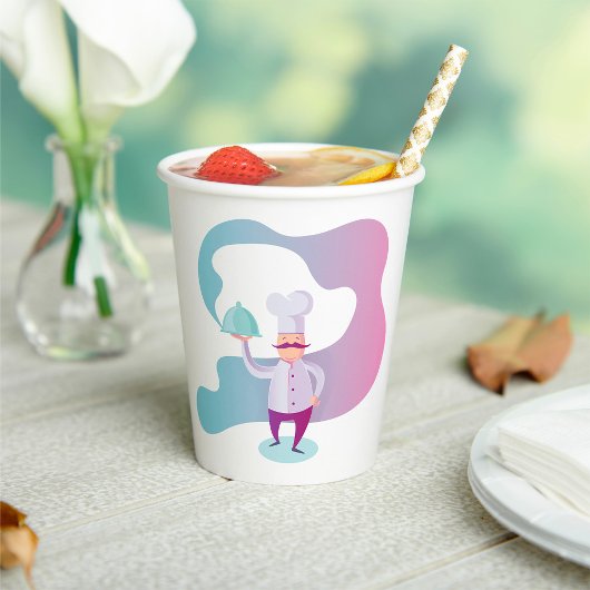 Lächelnder Koch mit Mustache und Serviertablett Pappbecher