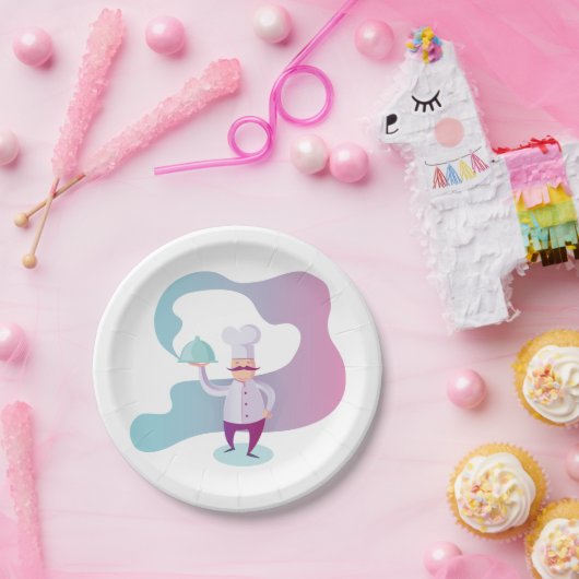 Lächelnder Koch mit Mustache und Serviertablett Pappteller (Party)