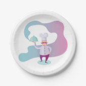 Lächelnder Koch mit Mustache und Serviertablett Pappteller (Vorderseite)