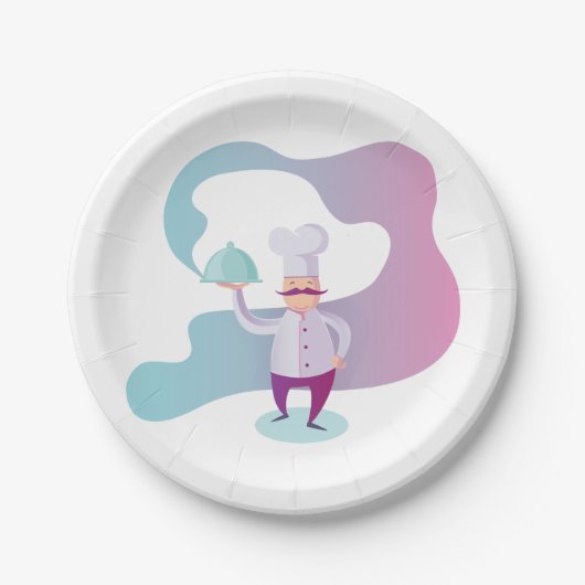 Lächelnder Koch mit Mustache und Serviertablett Pappteller (Vorderseite)
