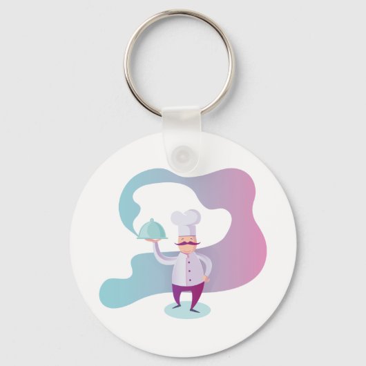 Lächelnder Koch mit Mustache und Serviertablett Schlüsselanhänger (Rückseite)