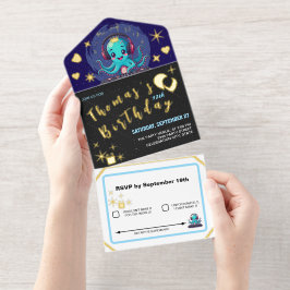 Lächelnder Octopus DJ, glücklicher Musikjung / Geb All-in-One-Einladung