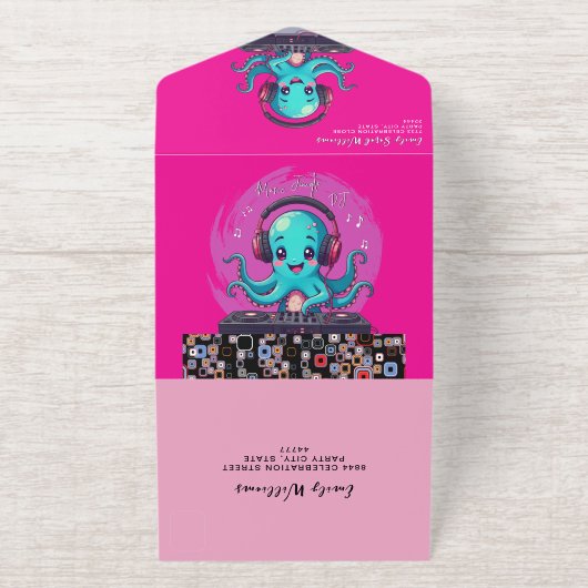 Lächelnder Octopus DJ, Happy Music Party / Geburts All-in-One-Einladung (Außenseite)