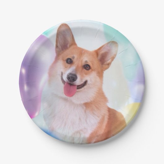 Lächelnder Pembroke-WaliserCorgi mit Ballonen Pappteller (Vorderseite)
