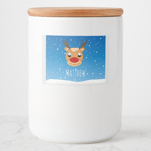 Lächelnder Rentierschneefall personalisiert blau Lebensmitteletikett (Vorderseite)