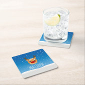 Lächelnder Rentierschneefall personalisiert blau Rechteckiger Pappuntersetzer (Vor Ort)