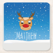 Lächelnder Rentierschneefall personalisiert blau Rechteckiger Pappuntersetzer (Vorderseite)