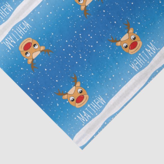 Lächelnder Rentierschneefall personalisiert blau Seidenpapier (Detail)