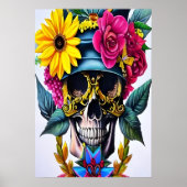 Lächelnder Schädel, goldene Brille, Blume Hut | Ar Poster (Vorne)