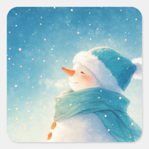 Lächelnder Schneemann in blauer Mütze und Schal Quadratischer Aufkleber