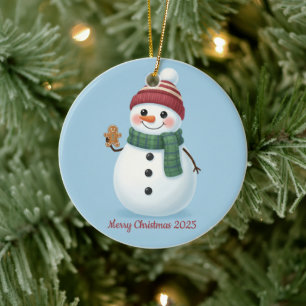 Lächelnder Schneemann mit Beanie Cute Weihnachten Keramik Ornament