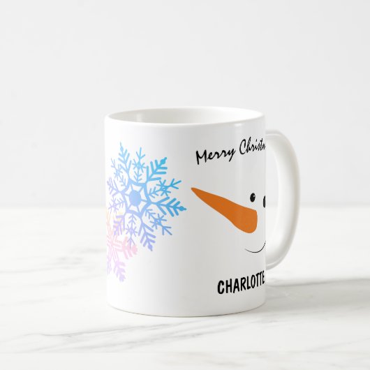 Lächelnder Schneemann mit langer Nase, frohe Weihn Kaffeetasse (VorderseiteRechts)