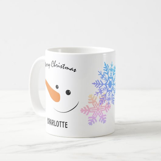 Lächelnder Schneemann mit langer Nase, frohe Weihn Kaffeetasse (Vorderseite Links)