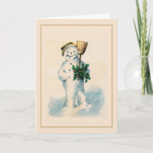 Lächelnder Schneemann Stechpalmen Besen Vintage We Karte