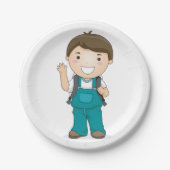 Lächelnder Schuljunge mit Rucksack Pappteller (Vorderseite)