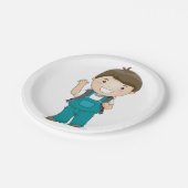 Lächelnder Schuljunge mit Rucksack Pappteller (Schrägansicht)