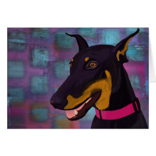 Lächelnder schwarzer Dobermann auf einem lila