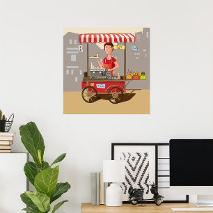 Lächelnder Straßenverkäufer Bunter Lebensmittelwag Poster