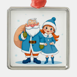 Lächelnder Weihnachtsmann und Schneemädchen Ornament Aus Metall