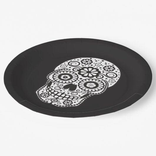 Lächelnder Zuckerschädel Pappteller (Schrägansicht)